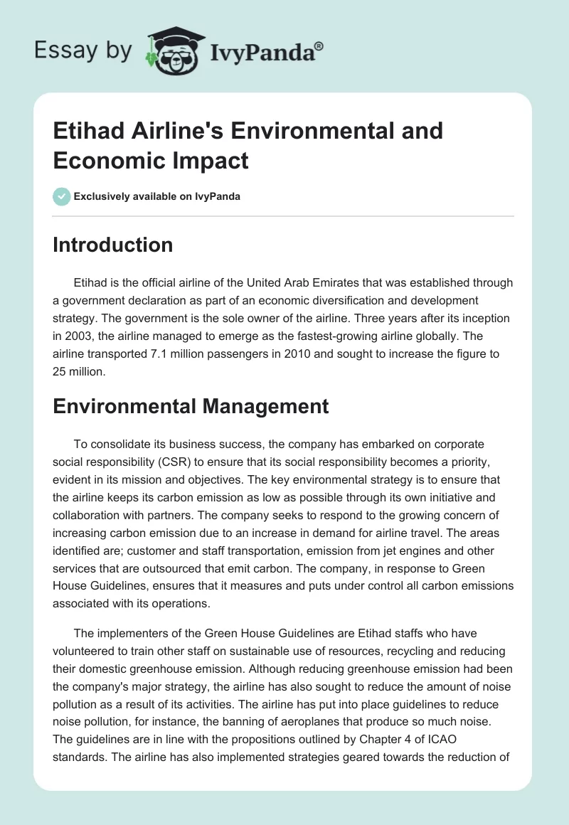 Etihad Airline's Environmental and Economic Impact. Page 1