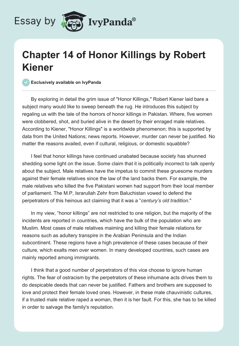 Chapter 14 of "Honor Killings" by Robert Kiener. Page 1