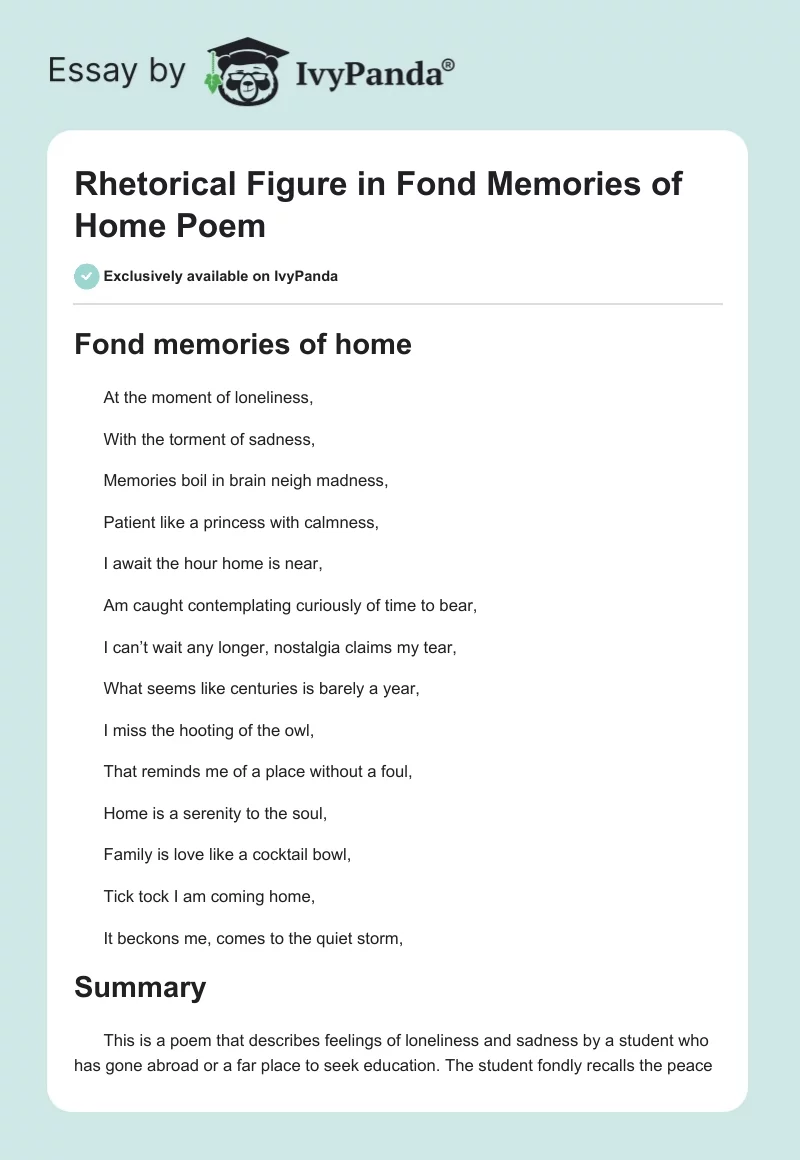 Rhetorical Figure in "Fond Memories of Home" Poem. Page 1
