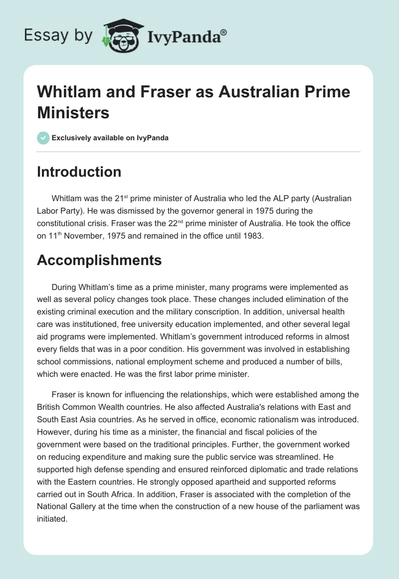 Whitlam and Fraser as Australian Prime Ministers. Page 1