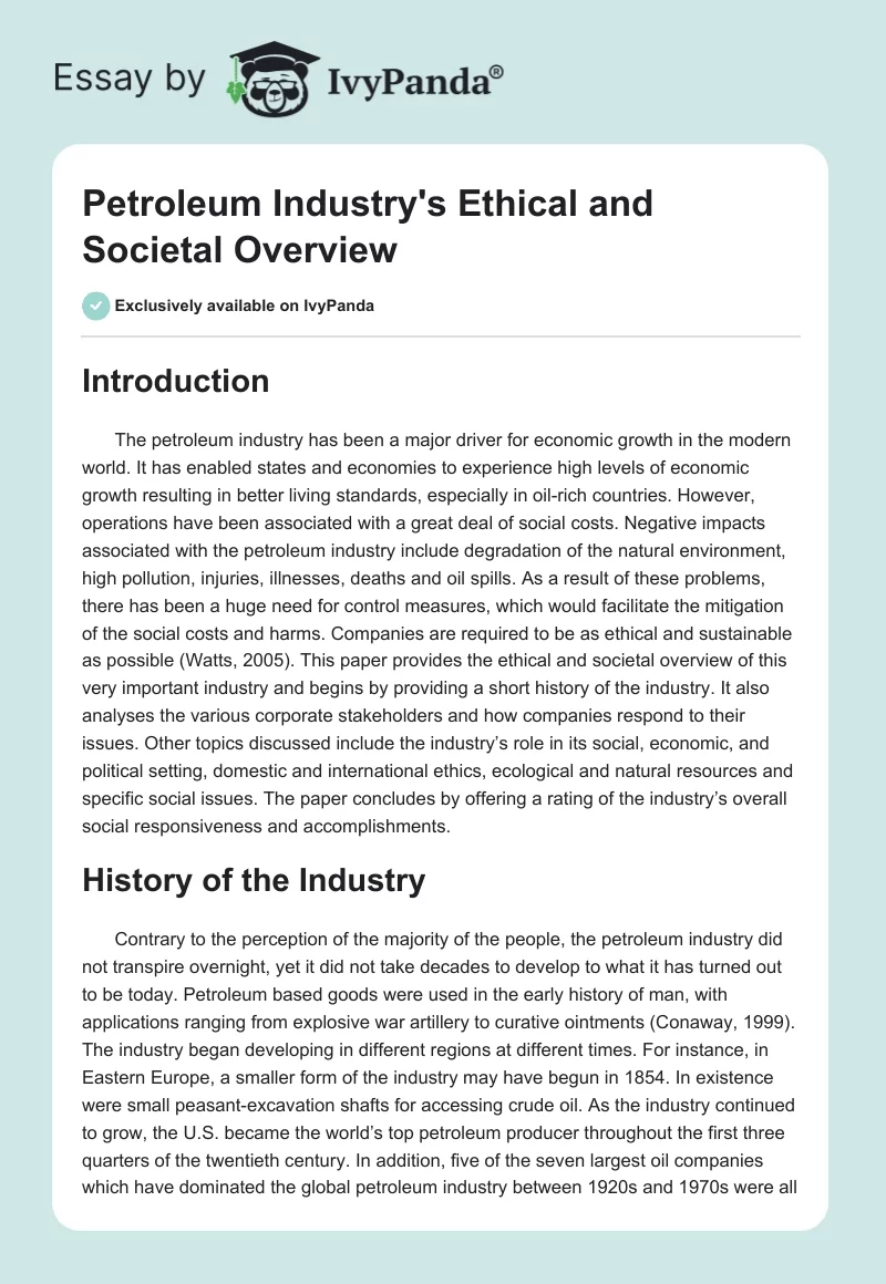 Petroleum Industry's Ethical and Societal Overview. Page 1