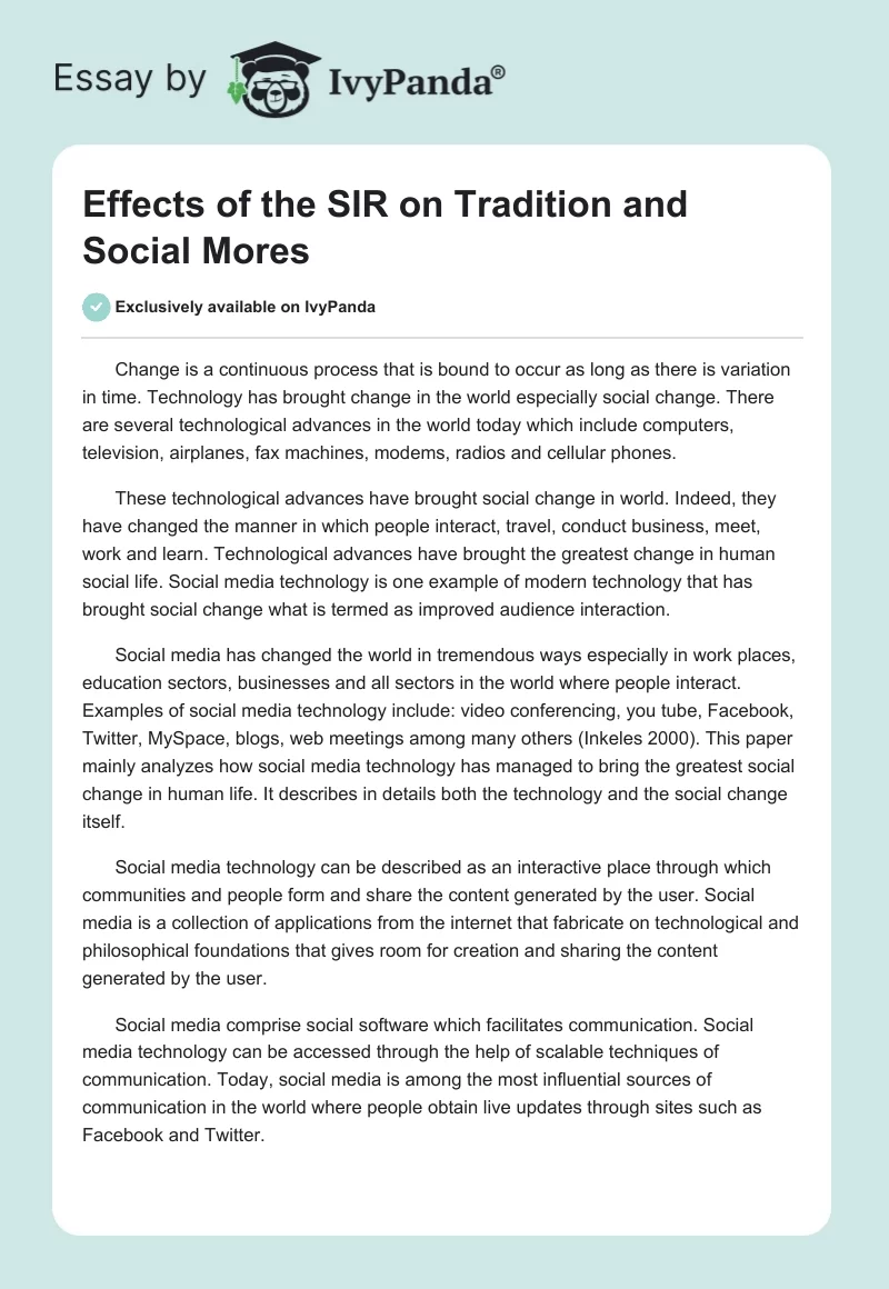 Effects of the SIR on Tradition and Social Mores. Page 1