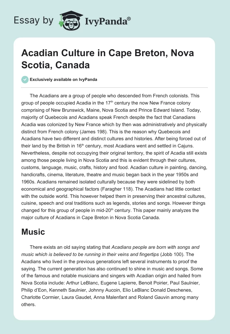 Acadian Culture in Cape Breton, Nova Scotia, Canada. Page 1
