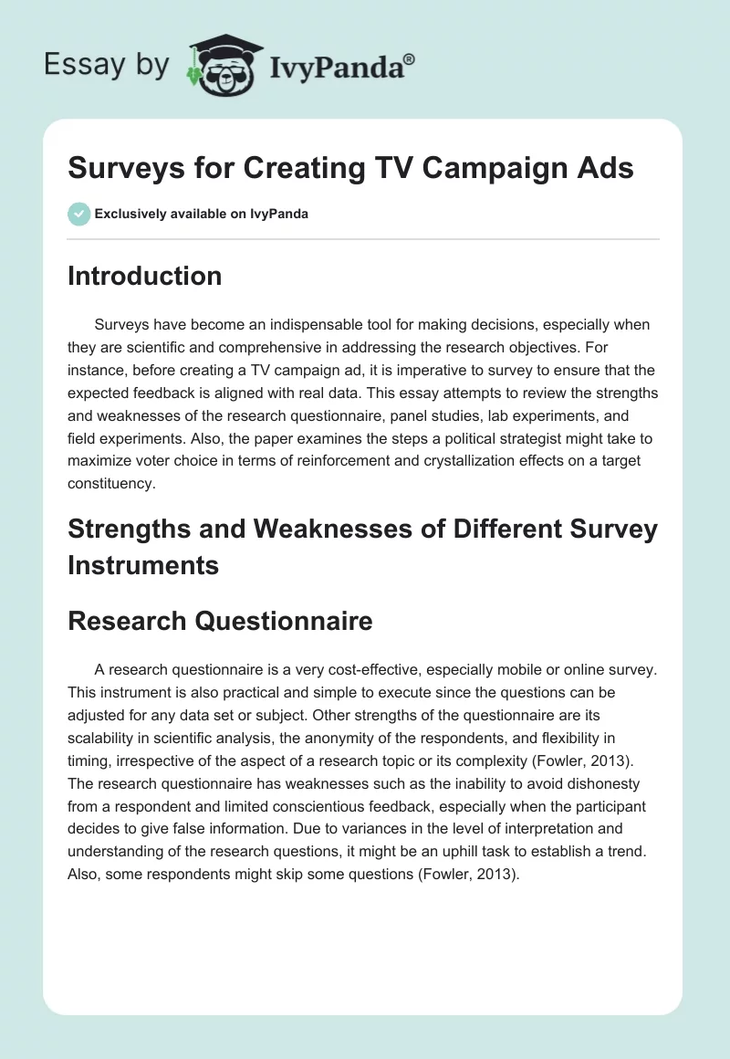 Surveys for Creating TV Campaign Ads. Page 1