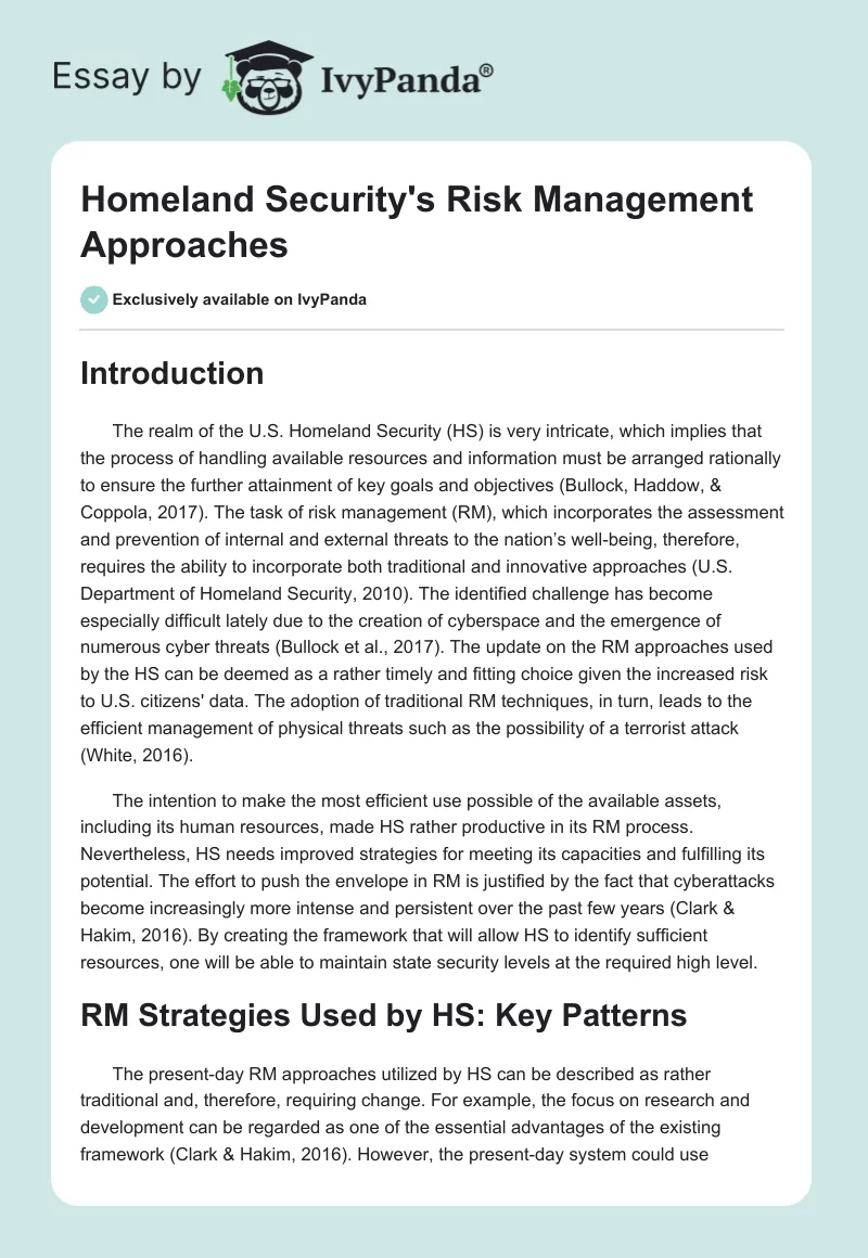 Homeland Security's Risk Management Approaches. Page 1