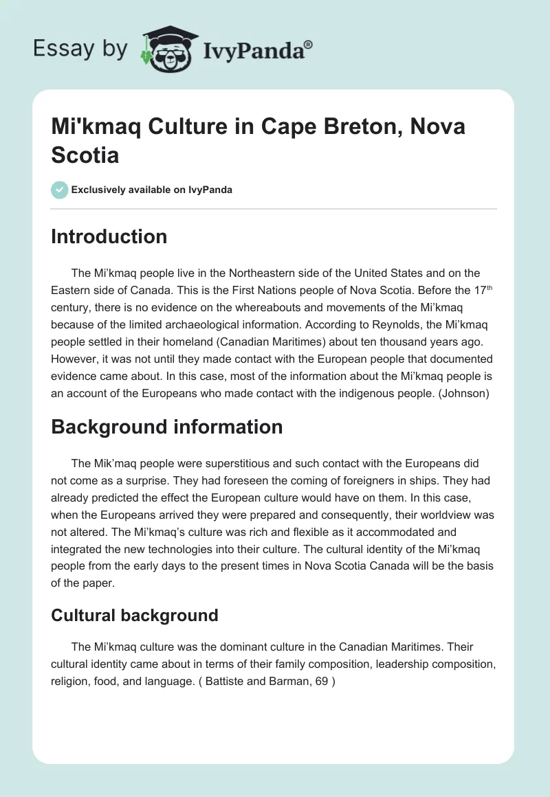 Mi'kmaq Culture in Cape Breton, Nova Scotia. Page 1