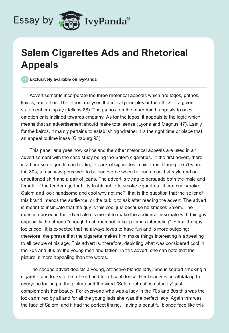 Salem Cigarettes Ads and Rhetorical Appeals. Page 1