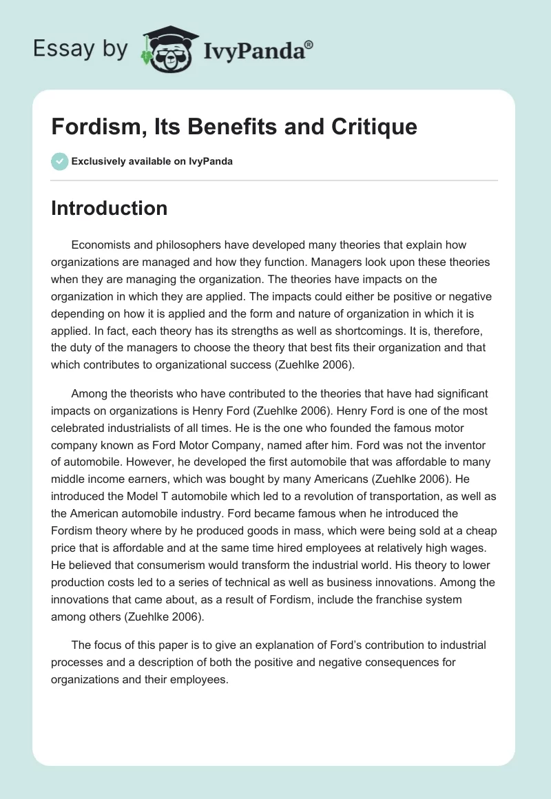 Fordism, Its Benefits and Critique. Page 1