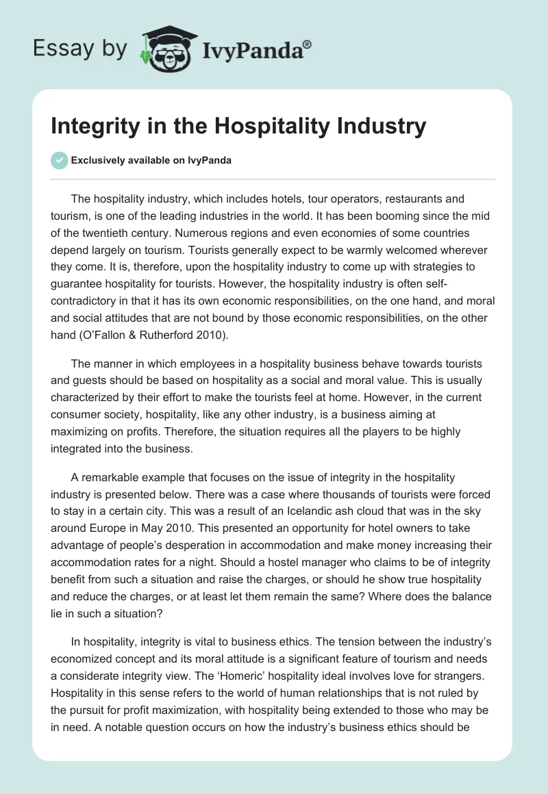 Integrity in the Hospitality Industry. Page 1