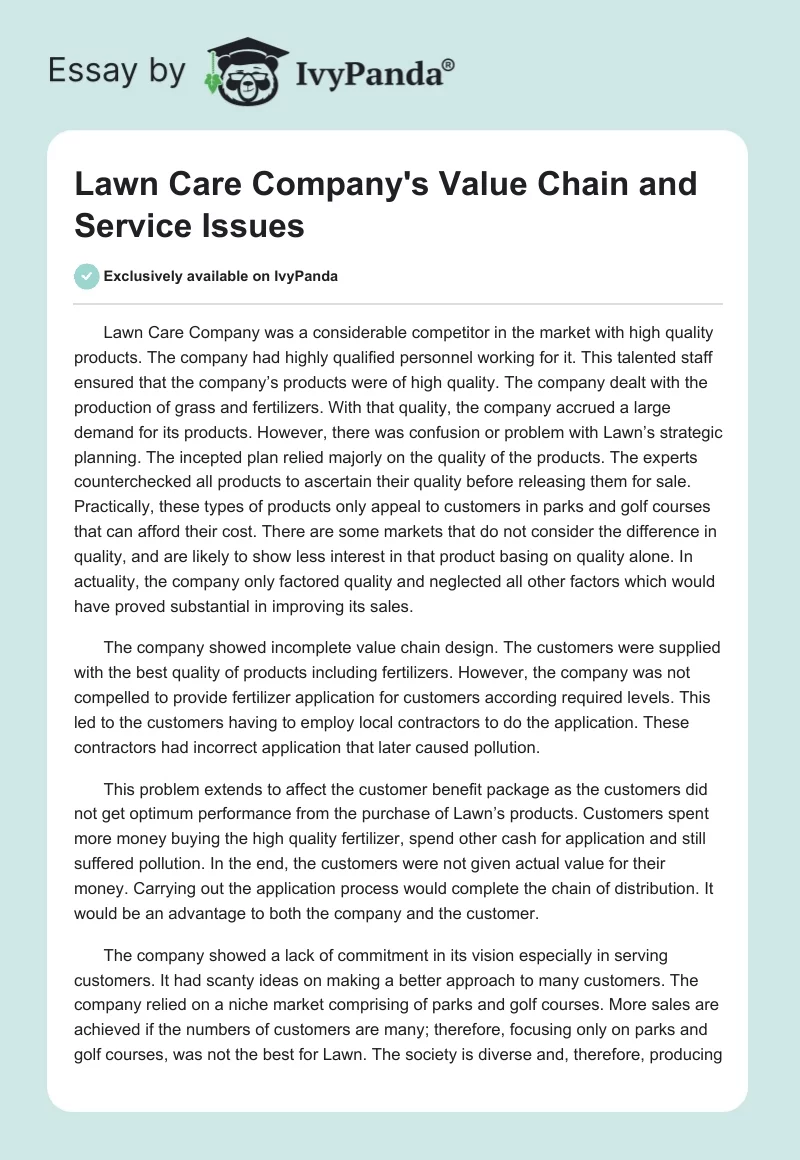Lawn Care Company's Value Chain and Service Issues. Page 1