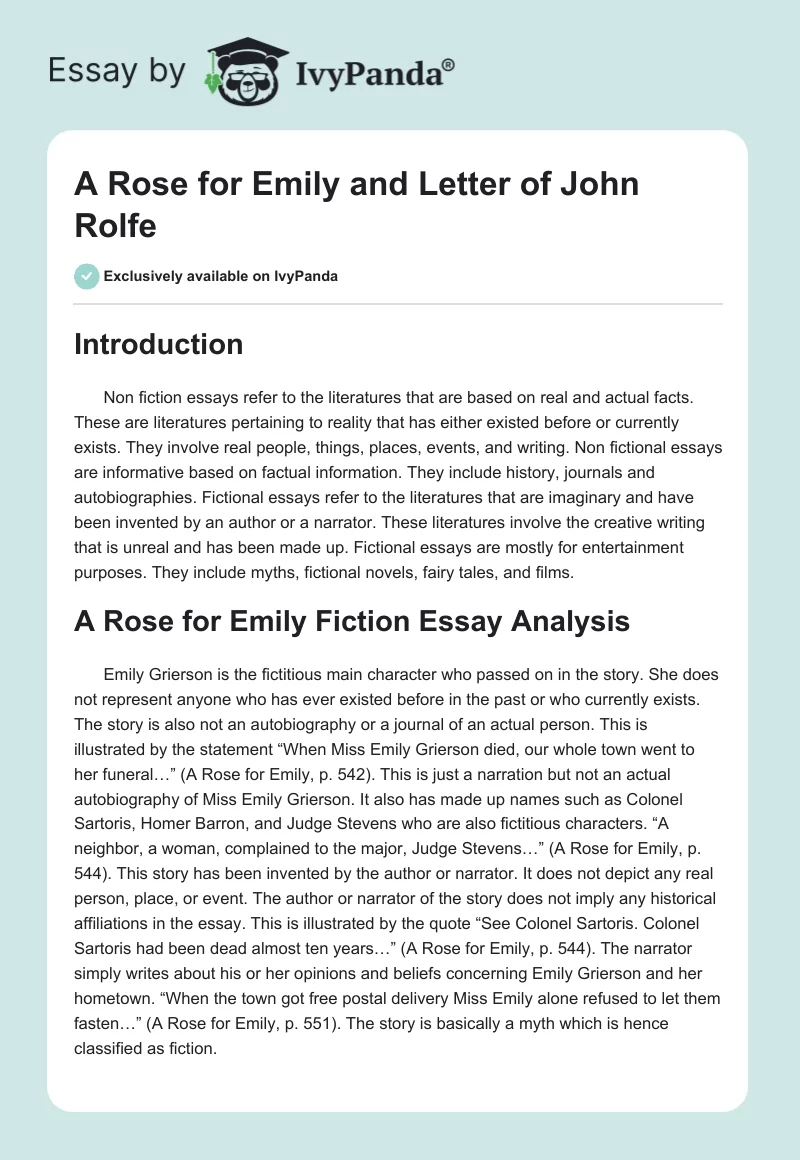 "A Rose for Emily" and "Letter of John Rolfe". Page 1