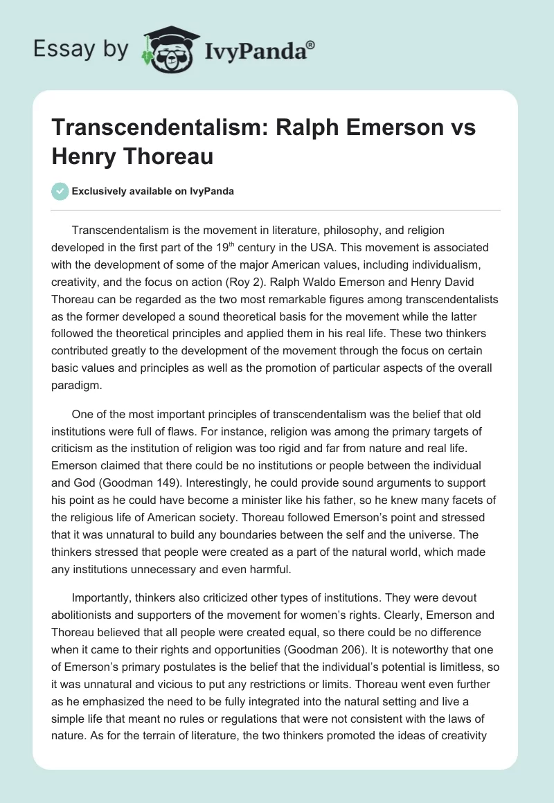 Transcendentalism: Ralph Emerson vs Henry Thoreau. Page 1