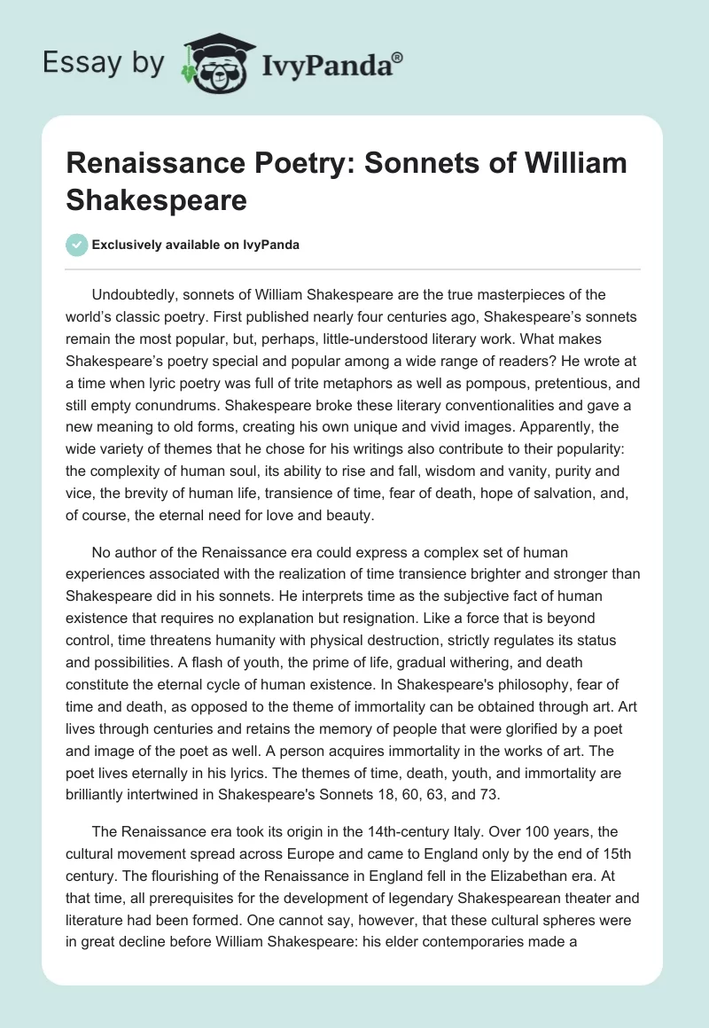 Renaissance Poetry: Sonnets of William Shakespeare. Page 1