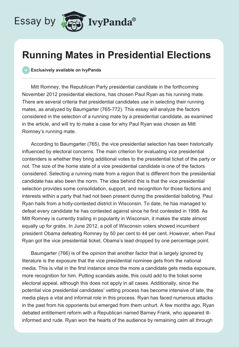 Running Mates in Presidential Elections. Page 1