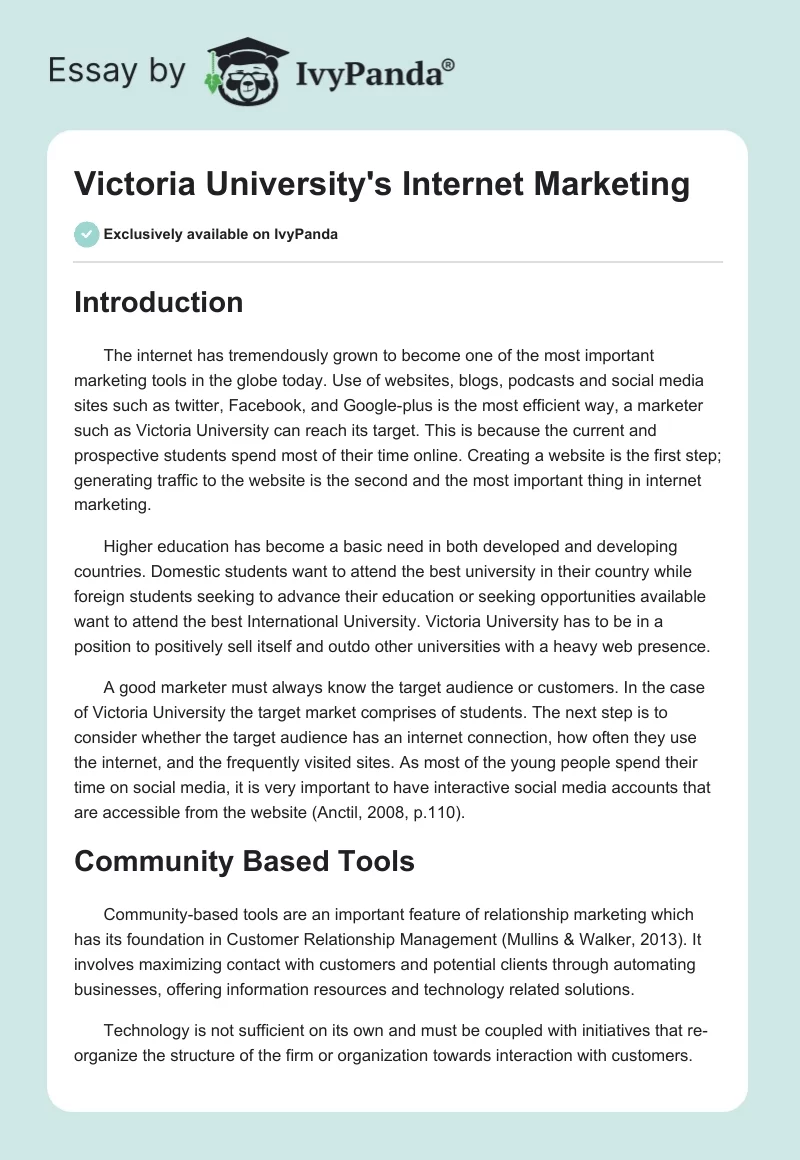 Victoria University's Internet Marketing. Page 1