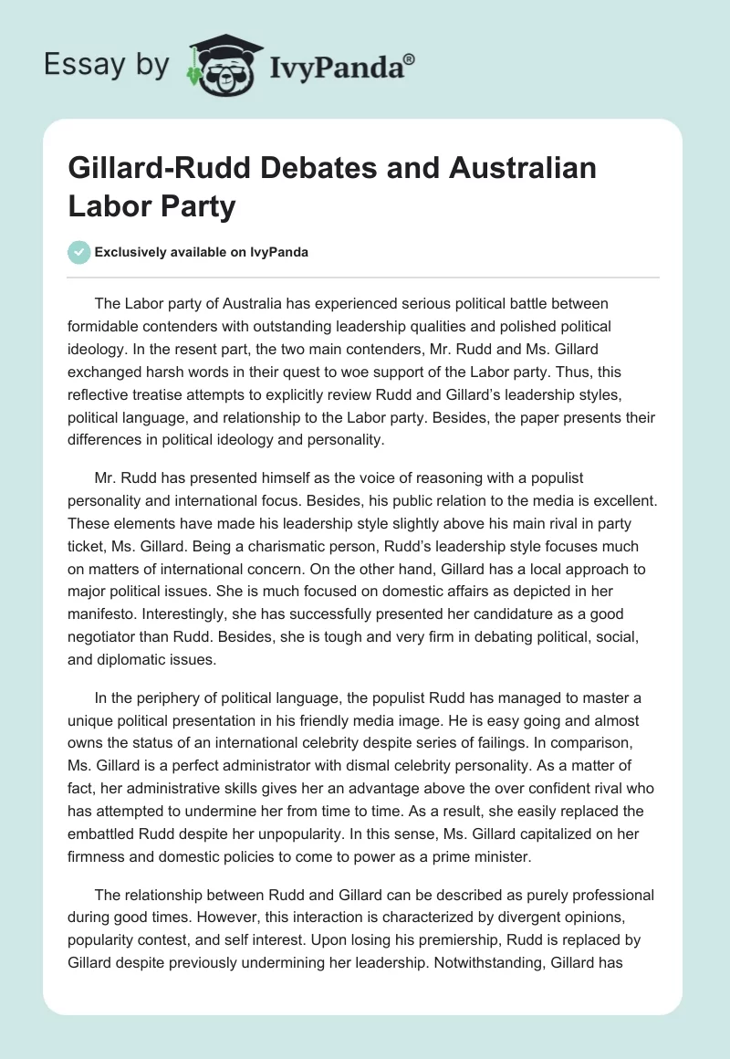 Gillard-Rudd Debates and Australian Labor Party. Page 1