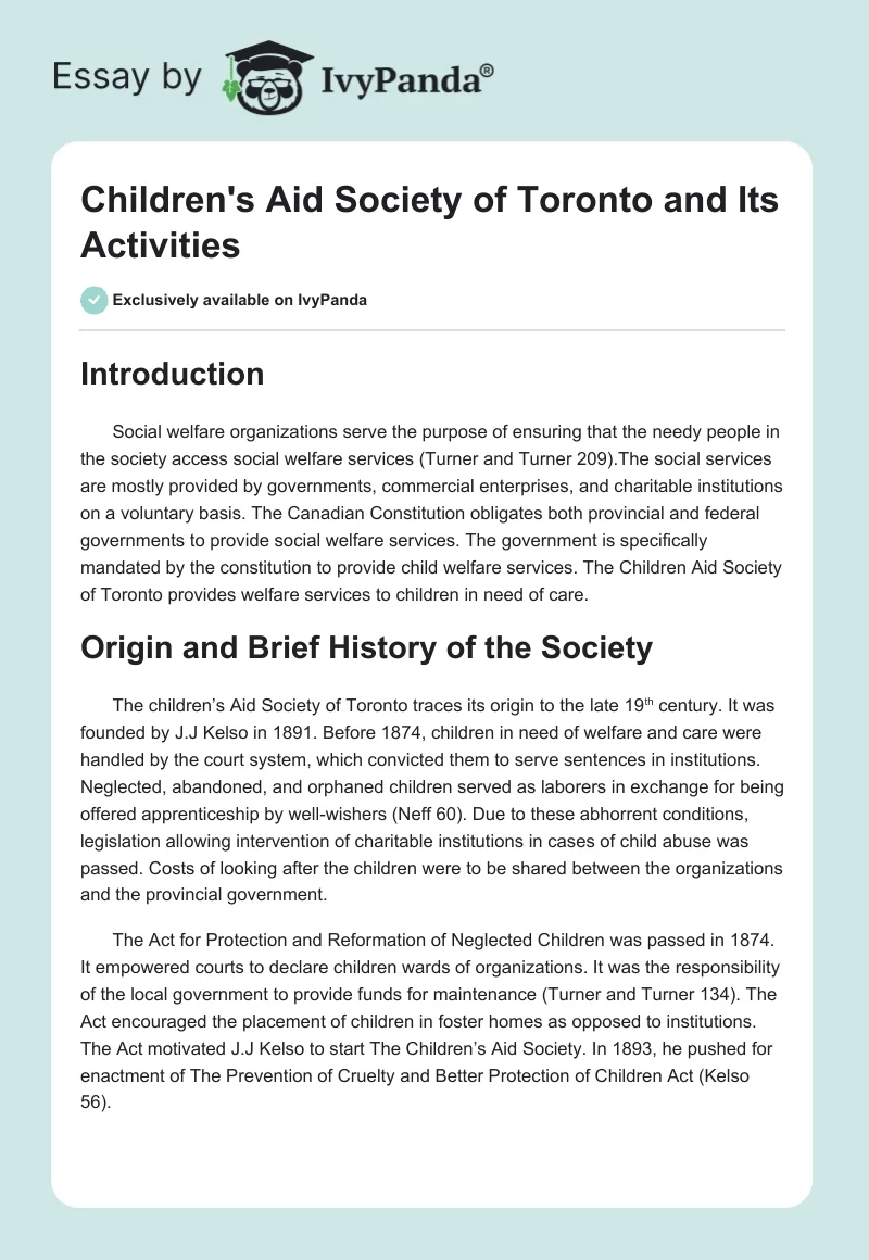 Children's Aid Society of Toronto and Its Activities. Page 1