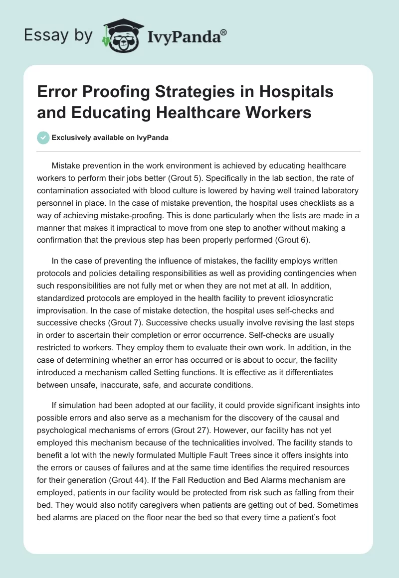 Error Proofing Strategies in Hospitals and Educating Healthcare Workers. Page 1