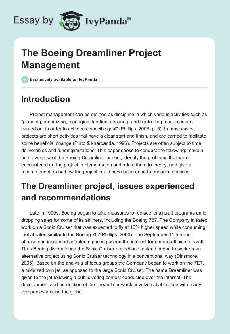 The Boeing Dreamliner Project Management. Page 1