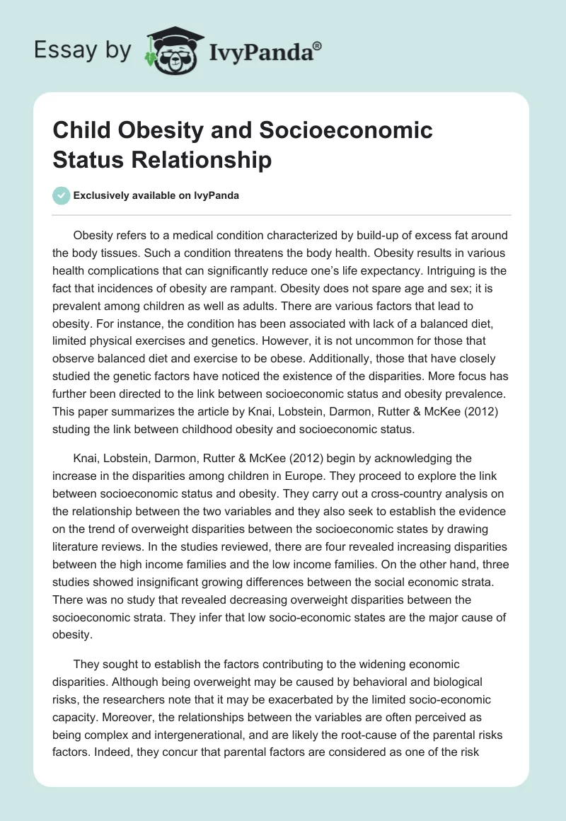 Child Obesity and Socioeconomic Status Relationship. Page 1