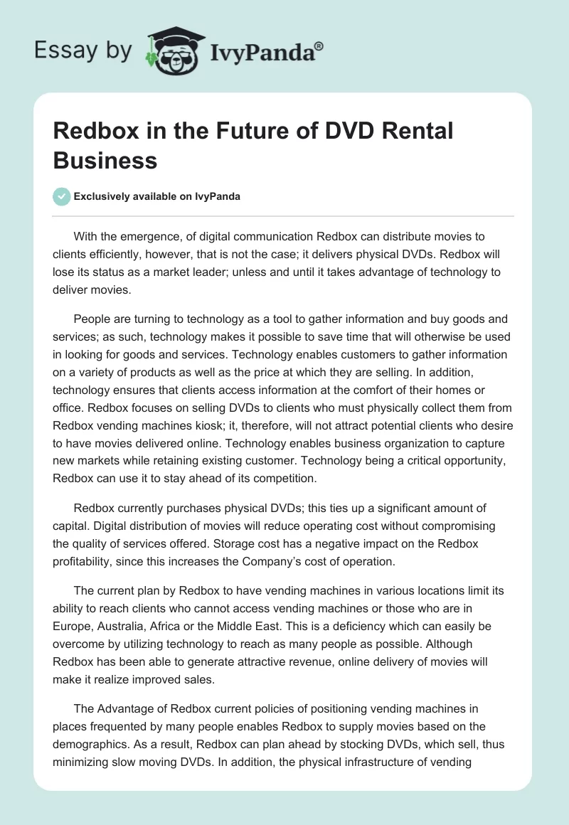Redbox in the Future of DVD Rental Business. Page 1