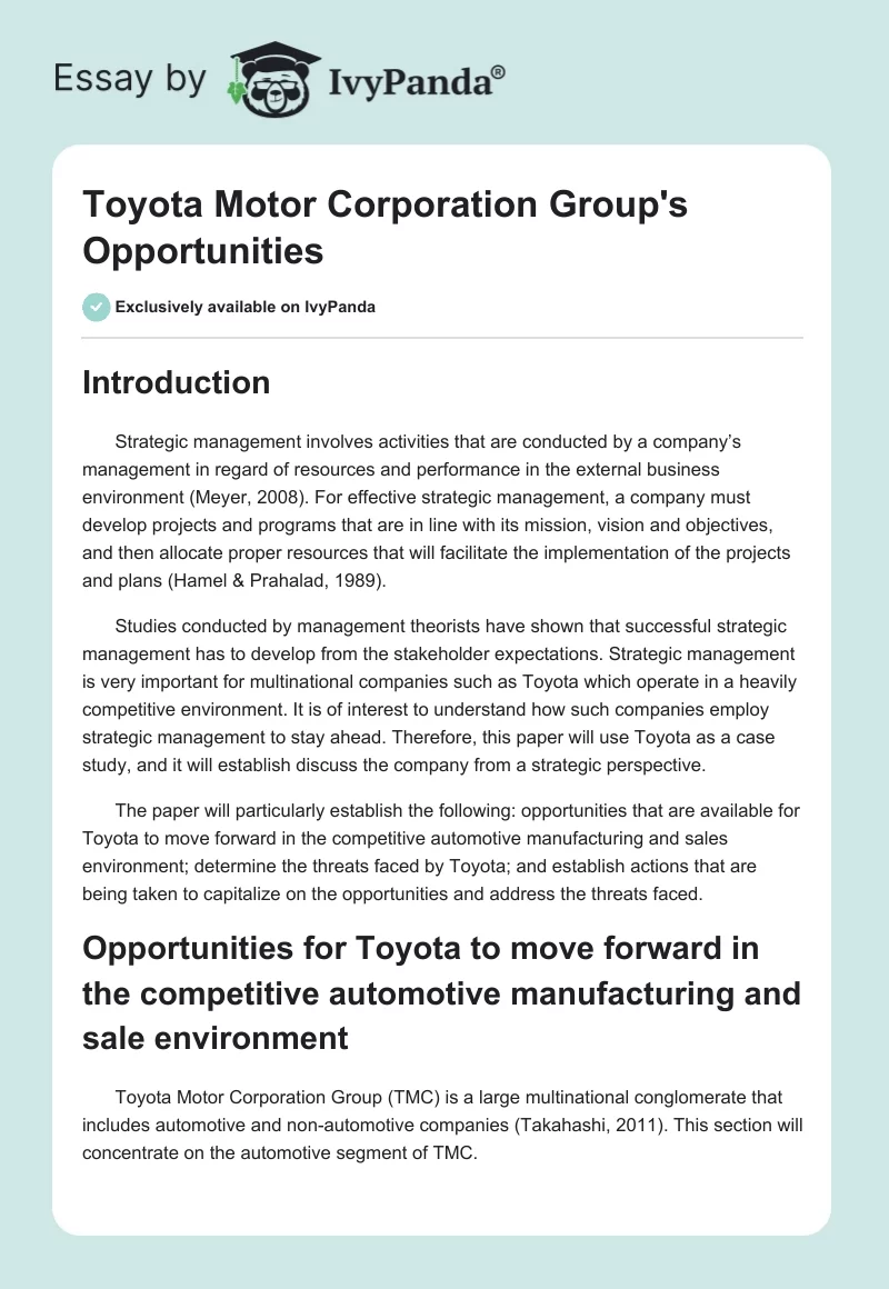 Toyota Motor Corporation Group's Opportunities. Page 1