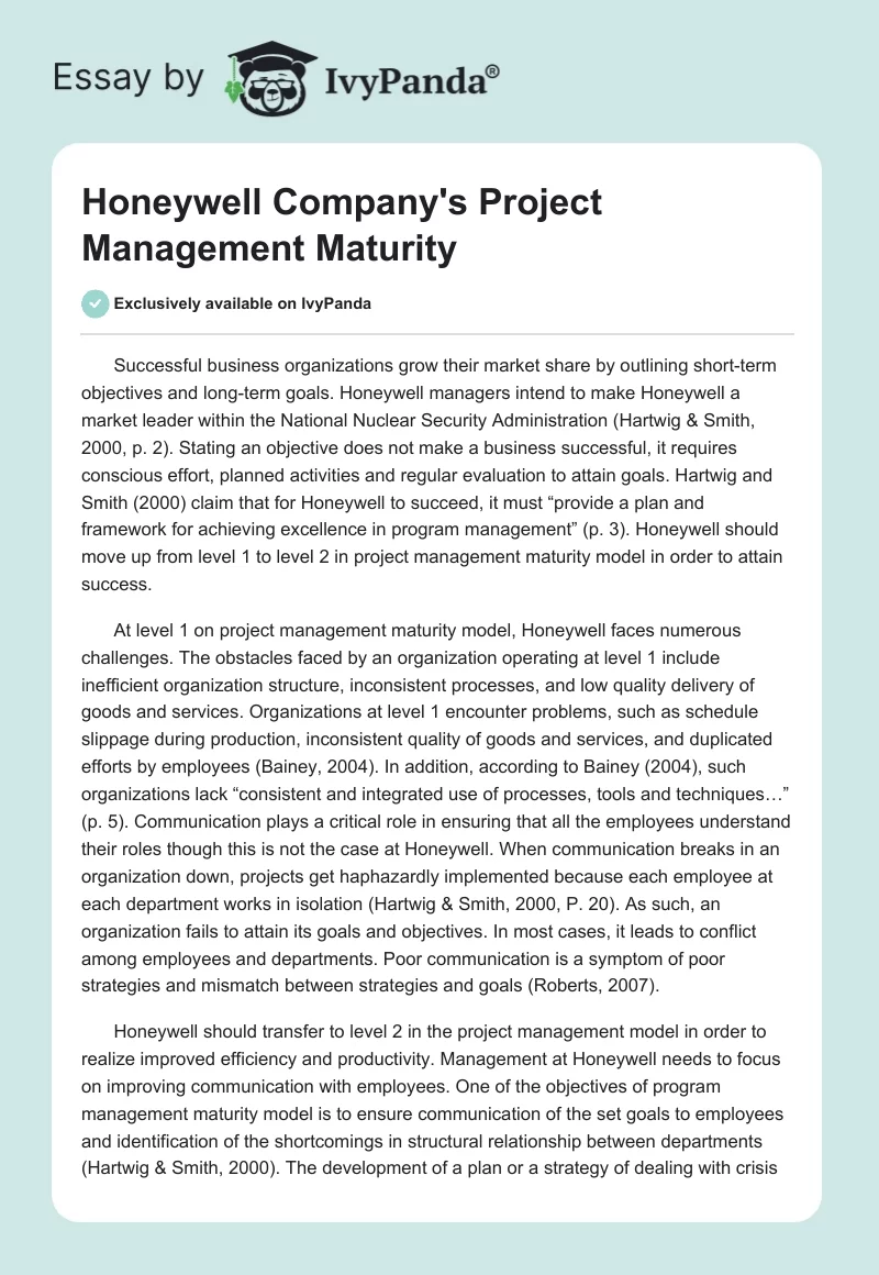 Honeywell Company's Project Management Maturity. Page 1