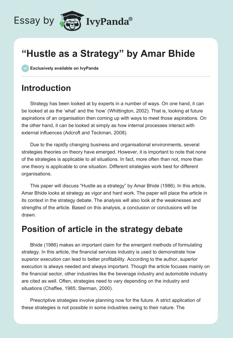 “Hustle as a Strategy” by Amar Bhide. Page 1