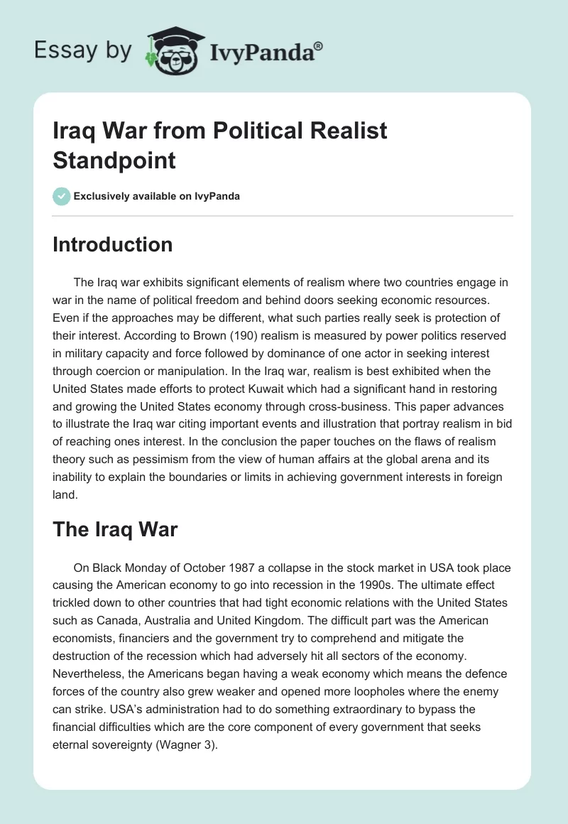 Iraq War from Political Realist Standpoint. Page 1