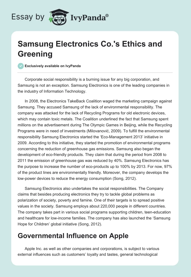 Samsung Electronics Co.'s Ethics and Greening. Page 1