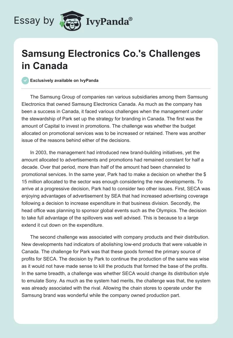Samsung Electronics Co.'s Challenges in Canada. Page 1