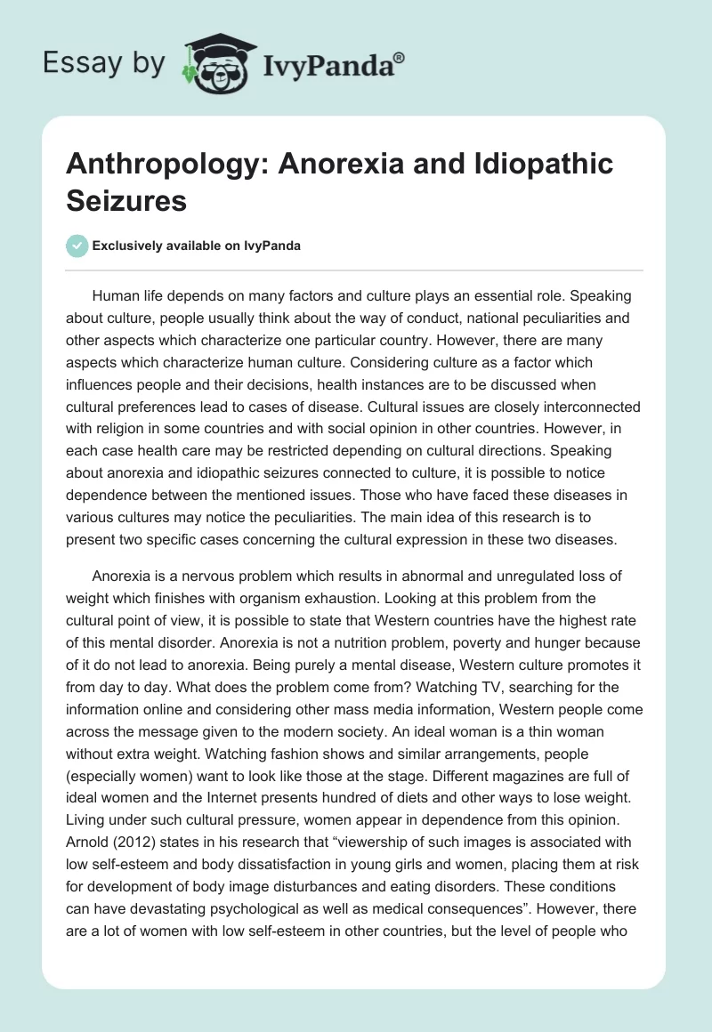 Anthropology: Anorexia and Idiopathic Seizures. Page 1