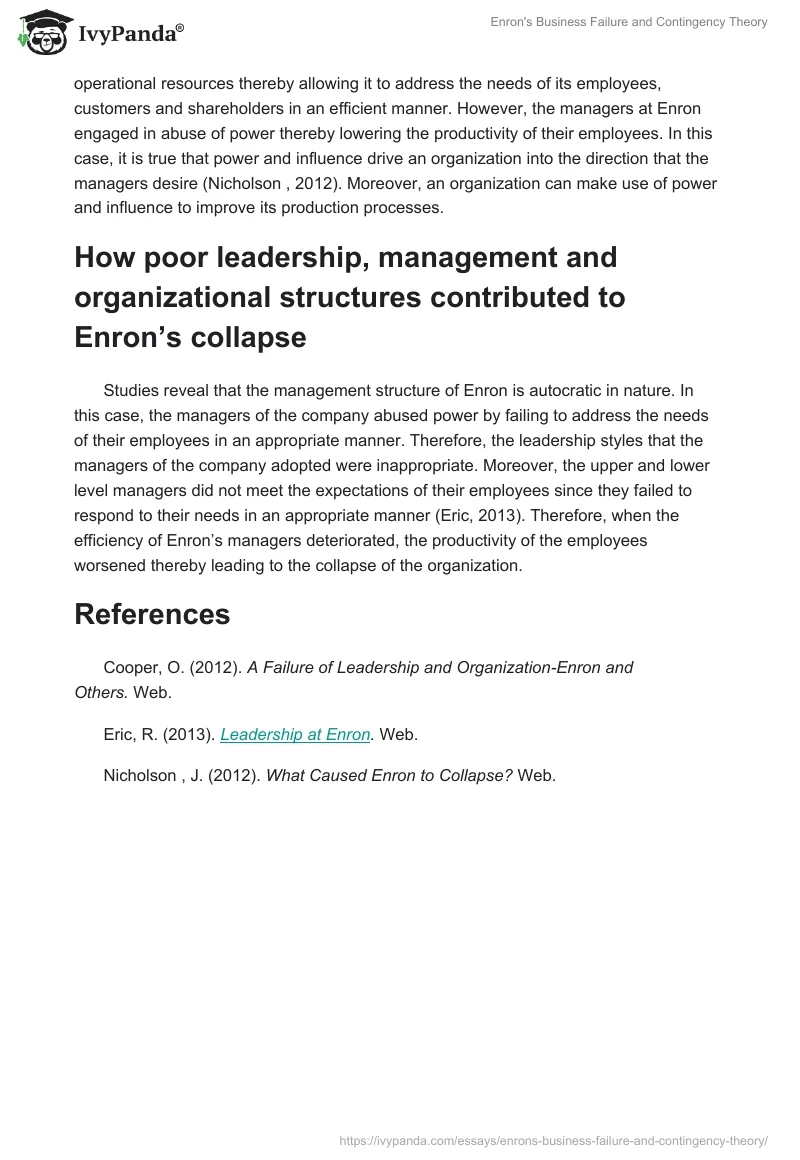 Enron's Business Failure and Contingency Theory. Page 3