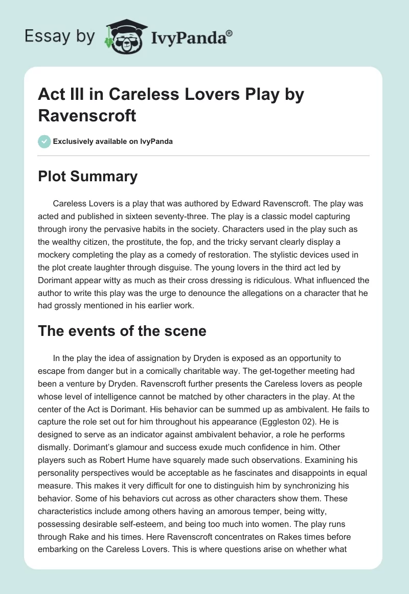 Act III in "Careless Lovers" Play by Ravenscroft. Page 1