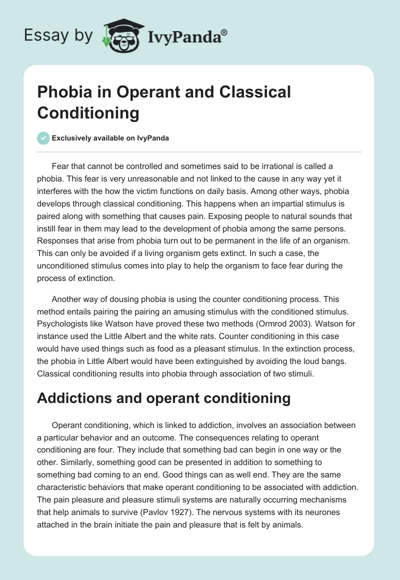 Phobia in Operant and Classical Conditioning. Page 1