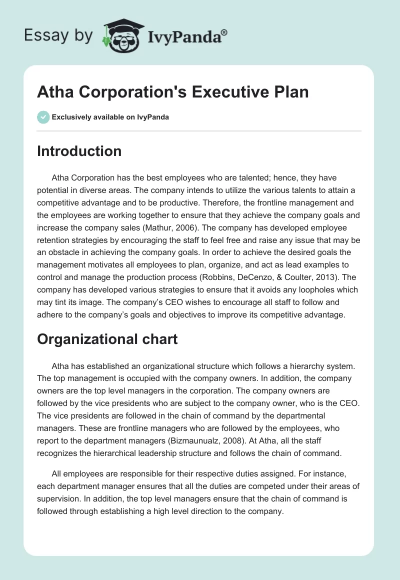 Atha Corporation's Executive Plan. Page 1