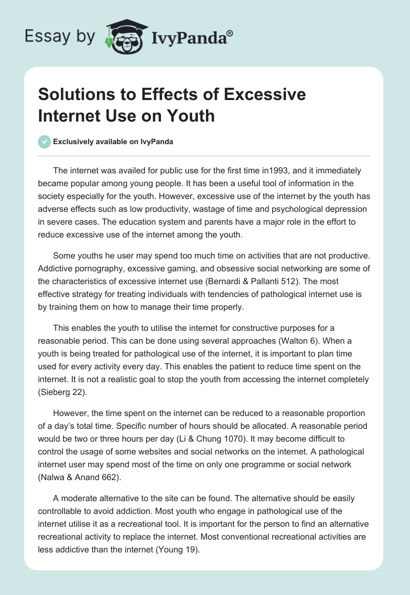 Solutions to Effects of Excessive Internet Use on Youth. Page 1