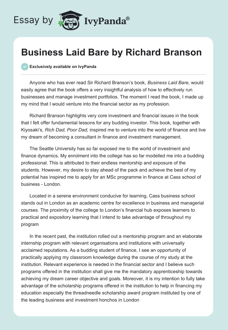 "Business Laid Bare" by Richard Branson. Page 1