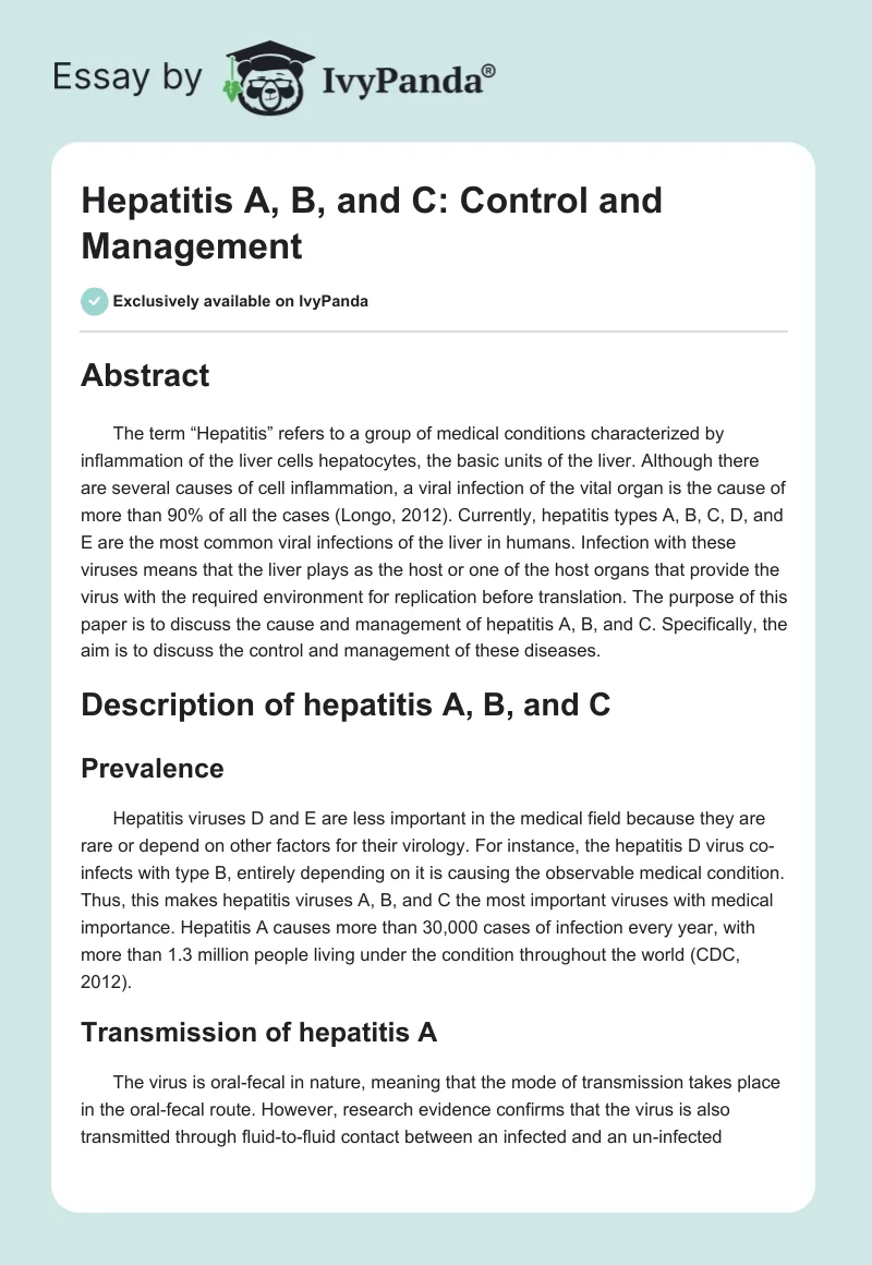 Hepatitis A, B, and C: Control and Management. Page 1