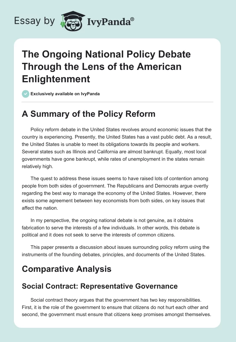 The Ongoing National Policy Debate Through the Lens of the American Enlightenment. Page 1