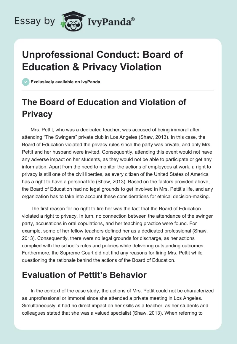 Unprofessional Conduct: Board of Education & Privacy Violation. Page 1