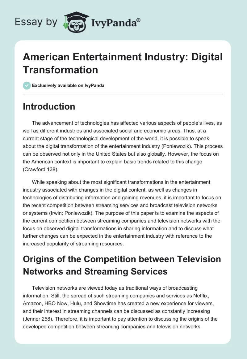 American Entertainment Industry: Digital Transformation. Page 1