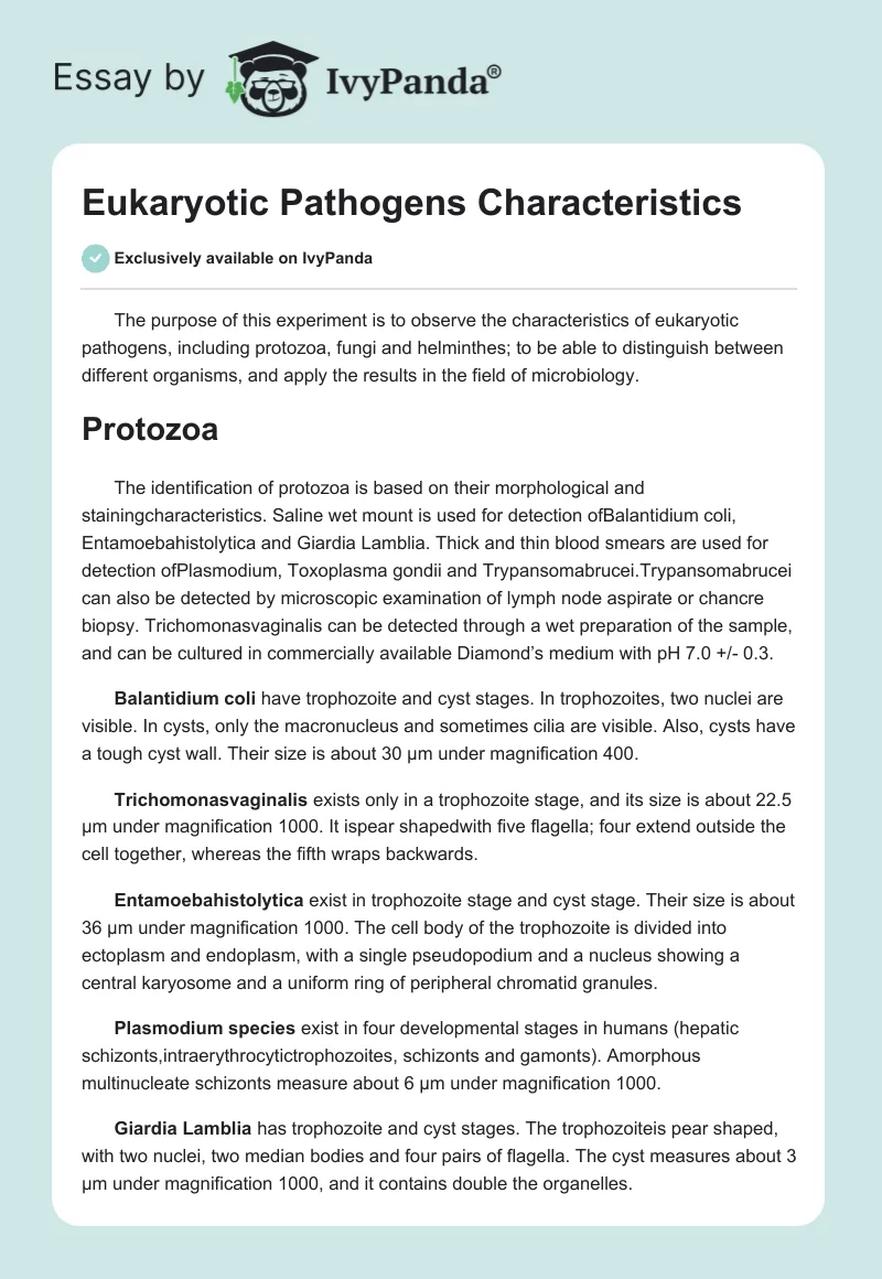 Eukaryotic Pathogens Characteristics. Page 1