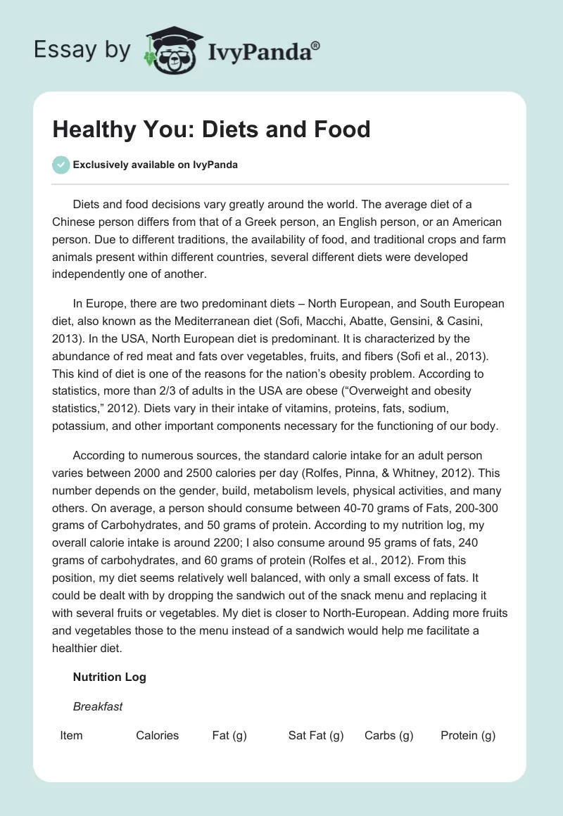 Healthy You: Diets and Food. Page 1