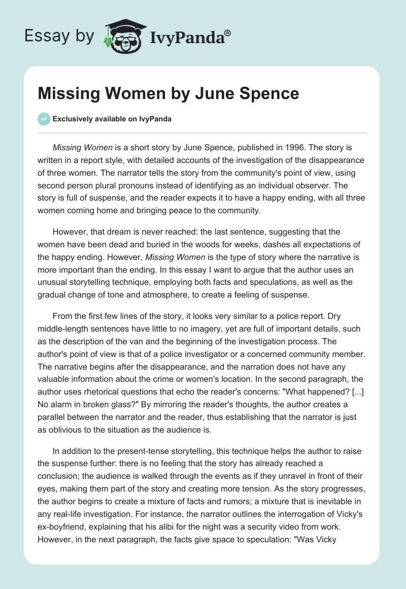"Missing Women" by June Spence. Page 1