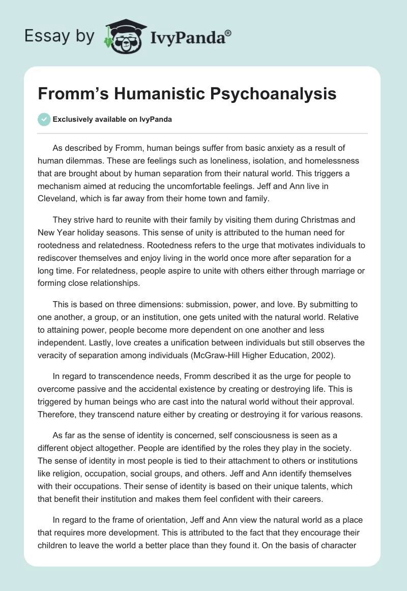 Fromm’s Humanistic Psychoanalysis. Page 1