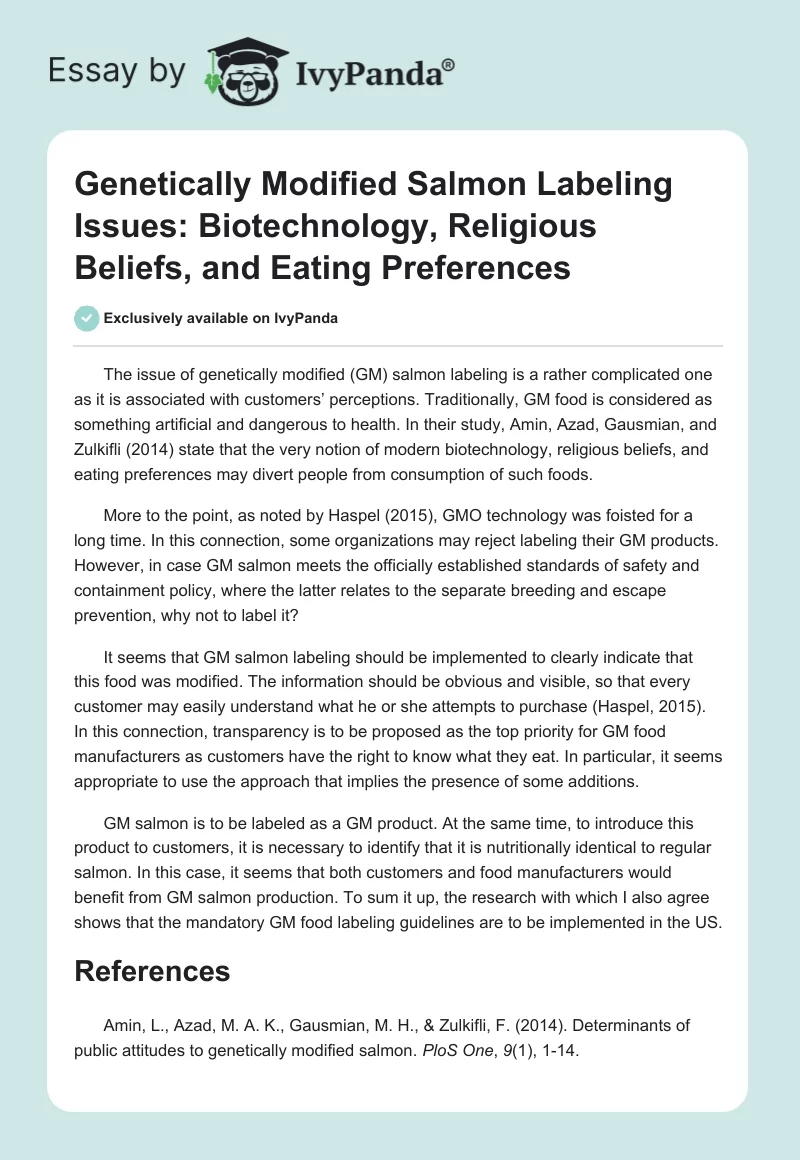 Genetically Modified Salmon Labeling Issues: Biotechnology, Religious Beliefs, and Eating Preferences. Page 1