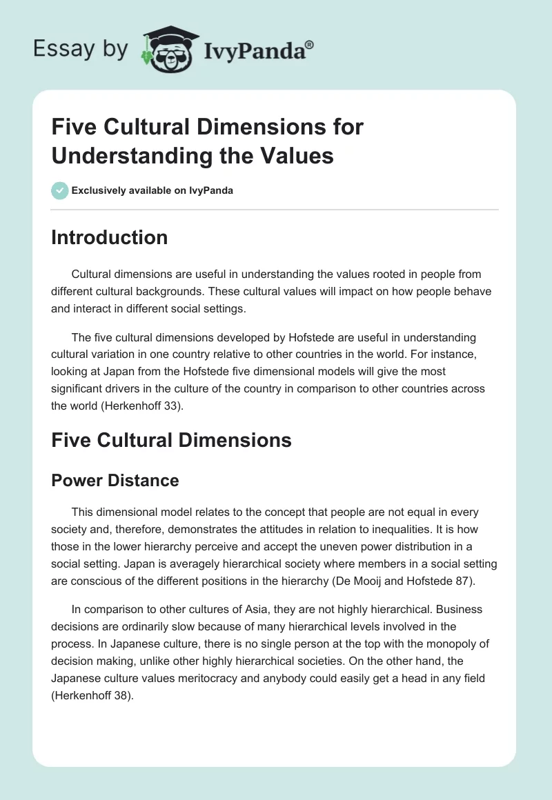 Five Cultural Dimensions for Understanding the Values. Page 1