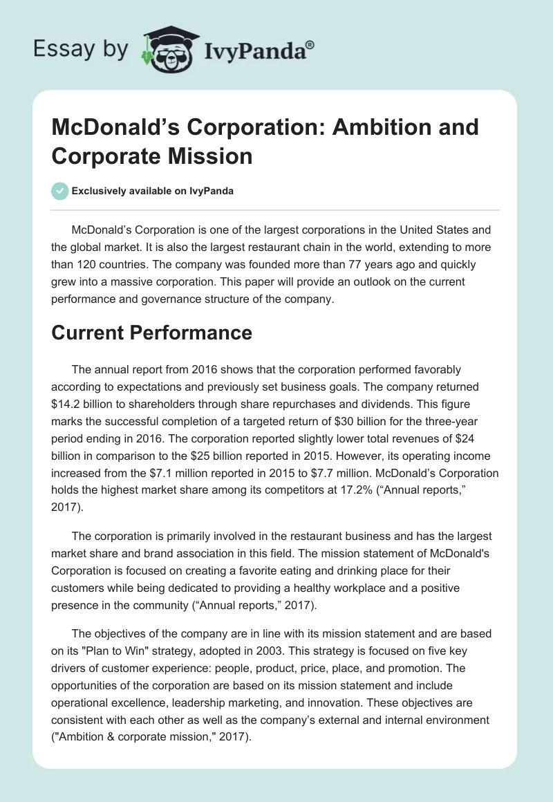 McDonald’s Corporation: Ambition and Corporate Mission. Page 1