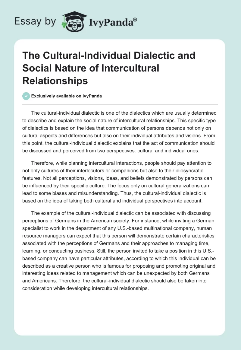 The Cultural-Individual Dialectic and Social Nature of Intercultural Relationships. Page 1